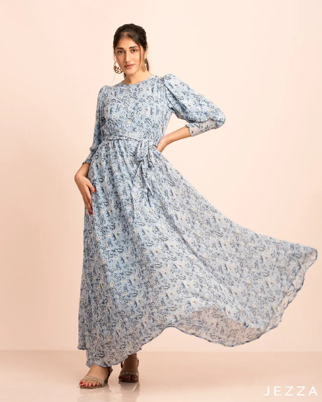 Crinkle Chiffon Ankle Length Dress With Elasticated Sleeve Cuff 58012