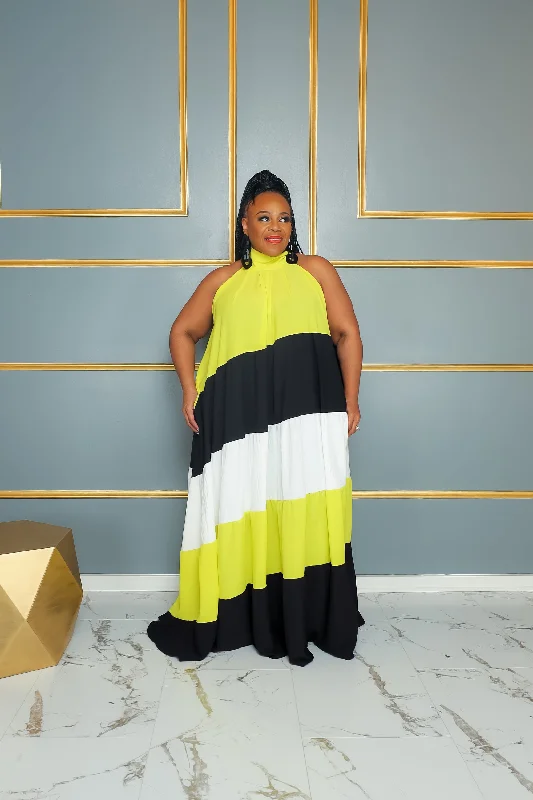 Yellow Tri Color-Block Halter Dress